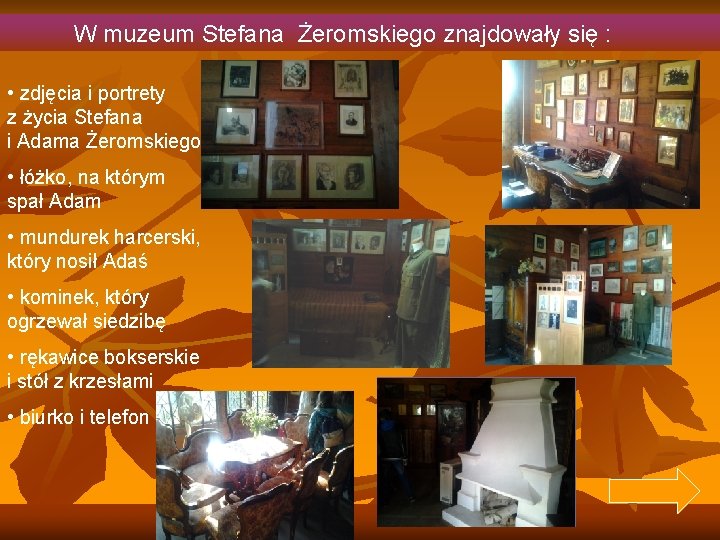 W muzeum Stefana Żeromskiego znajdowały się : • zdjęcia i portrety z życia Stefana