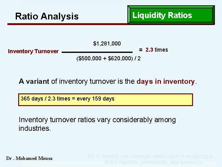 Liquidity Ratios Ratio Analysis $1, 281, 000 = 2. 3 times Inventory Turnover ($500,