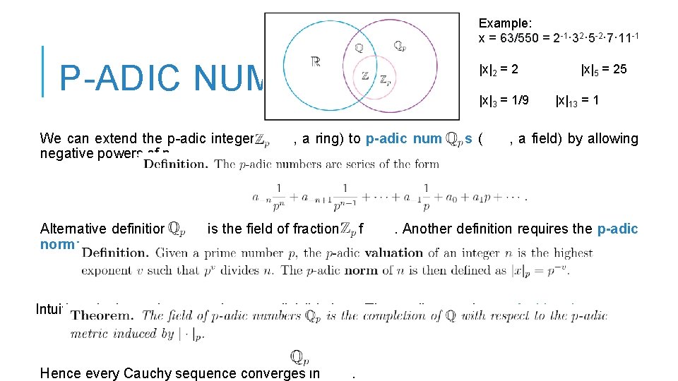 Example: x = 63/550 = 2 -1· 32· 5 -2· 7· 11 -1 P-ADIC