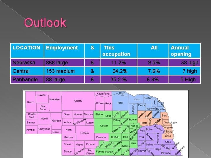 Outlook LOCATION Employment & This occupation All Annual opening Nebraska 868 large & 11.