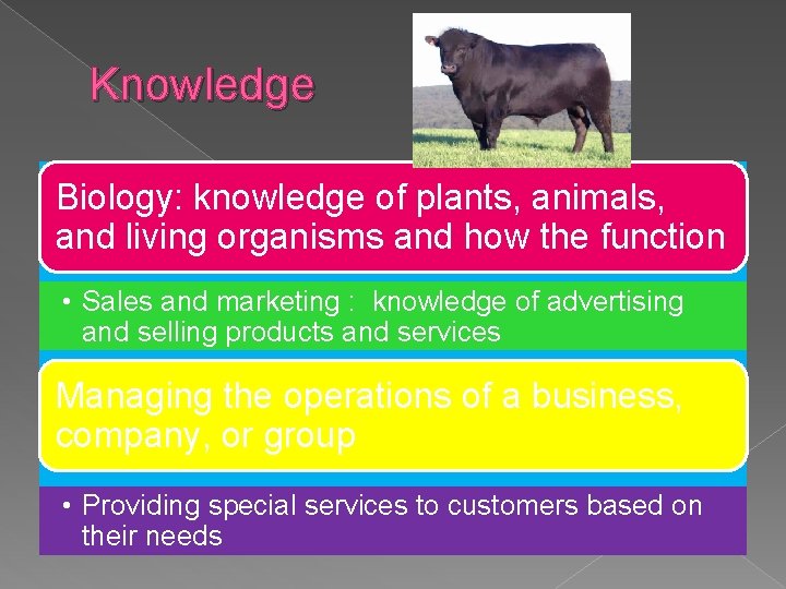 Knowledge Biology: knowledge of plants, animals, and living organisms and how the function •