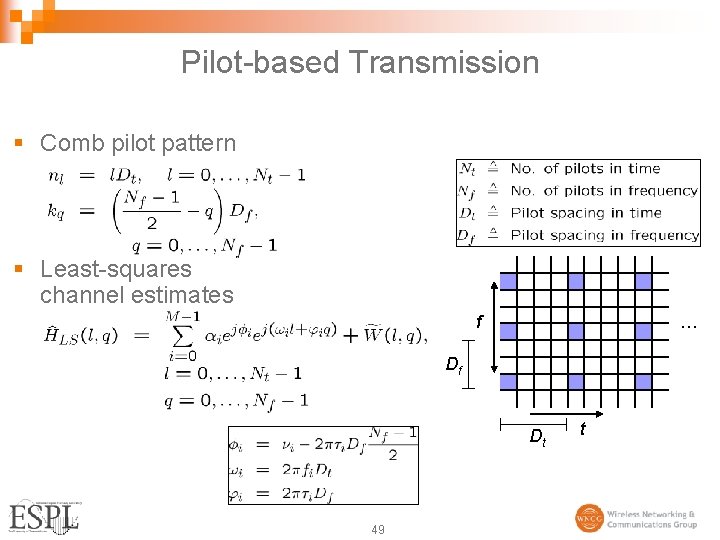 Pilot-based Transmission § Comb pilot pattern § Least-squares channel estimates … f Df Dt