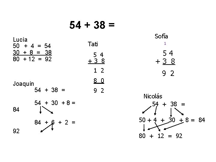 54 + 38 = Lucía 50 + 4 = 54 30 + 8 =