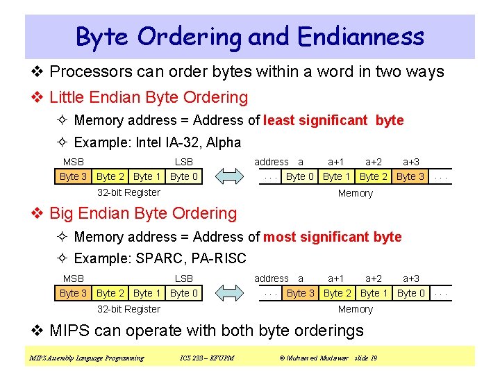 Byte Ordering and Endianness v Processors can order bytes within a word in two