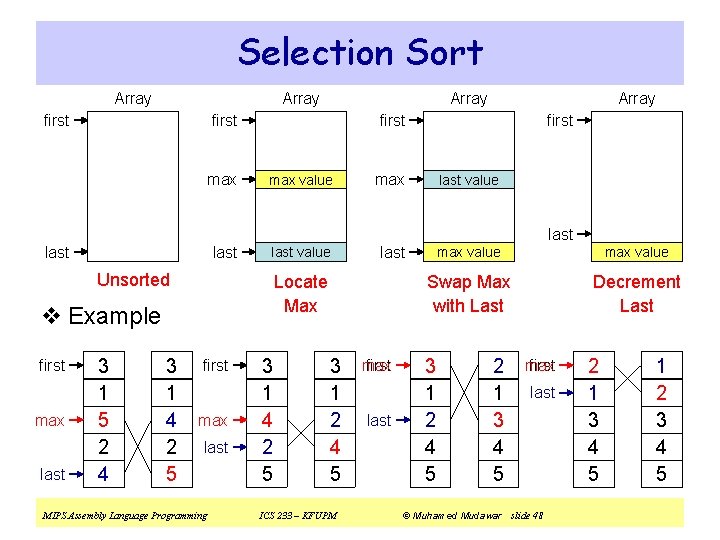 Selection Sort Array first max Array first max value first max last value last