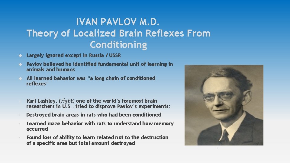 IVAN PAVLOV M. D. Theory of Localized Brain Reflexes From Conditioning Largely ignored except