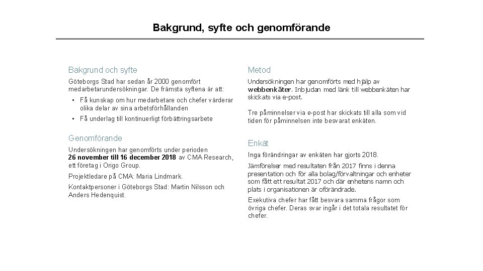 Bakgrund, syfte och genomförande Bakgrund och syfte Metod Göteborgs Stad har sedan år 2000