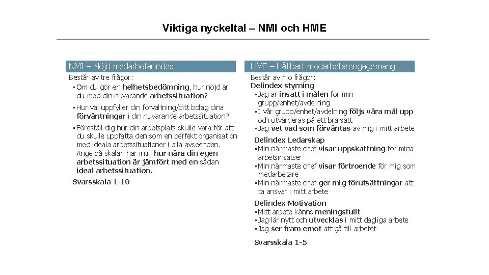 Viktiga nyckeltal – NMI och HME NMI – Nöjd medarbetarindex HME – Hållbart medarbetarengagemang