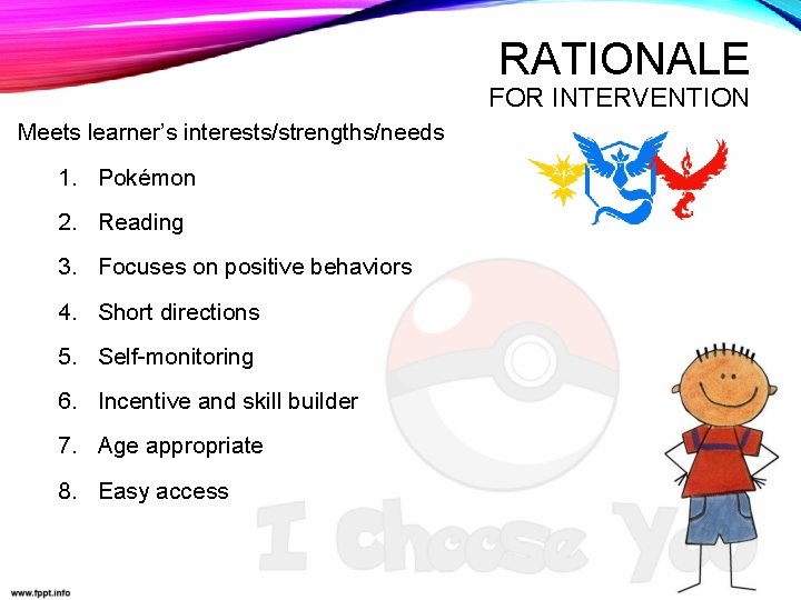 RATIONALE FOR INTERVENTION Meets learner’s interests/strengths/needs 1. Pokémon 2. Reading 3. Focuses on positive
