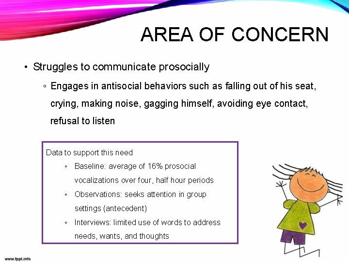 AREA OF CONCERN • Struggles to communicate prosocially ◦ Engages in antisocial behaviors such