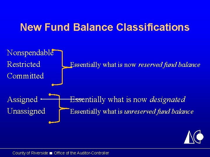 New Fund Balance Classifications Nonspendable Restricted Committed Assigned Unassigned Essentially what is now reserved