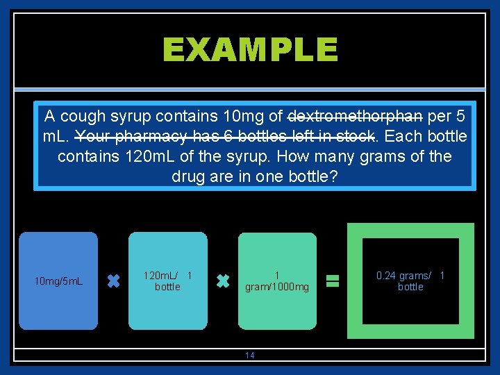 EXAMPLE A cough syrup contains 10 mg of dextromethorphan per 5 m. L. Your