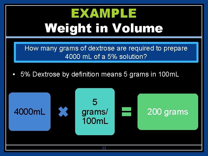 EXAMPLE Weight in Volume How many grams of dextrose are required to prepare 4000