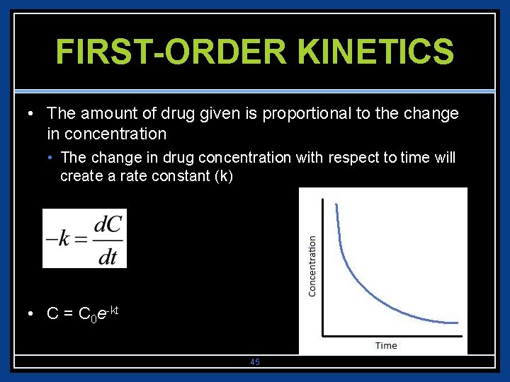 FIRST-ORDER KINETICS • The amount of drug given is proportional to the change in
