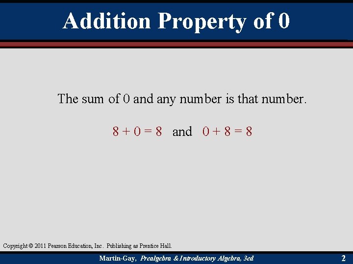 Addition Property of 0 The sum of 0 and any number is that number.