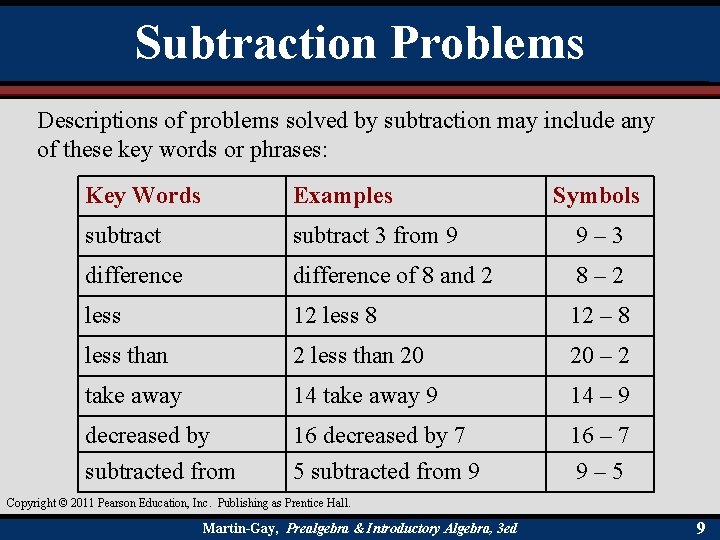 Subtraction Problems Descriptions of problems solved by subtraction may include any of these key