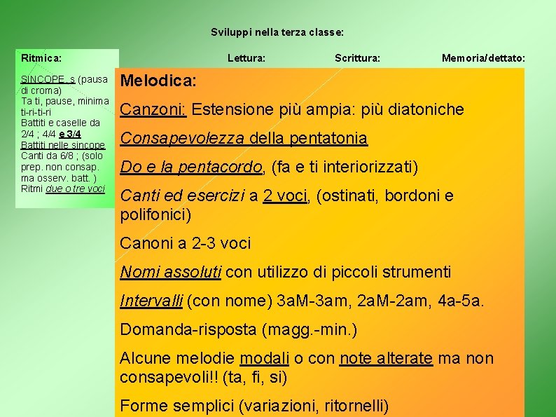 Sviluppi nella terza classe: Ritmica: SINCOPE, s (pausa di croma) Ta ti, pause, minima