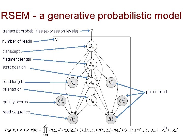RSEM - a generative probabilistic model transcript probabilities (expression levels) number of reads transcript