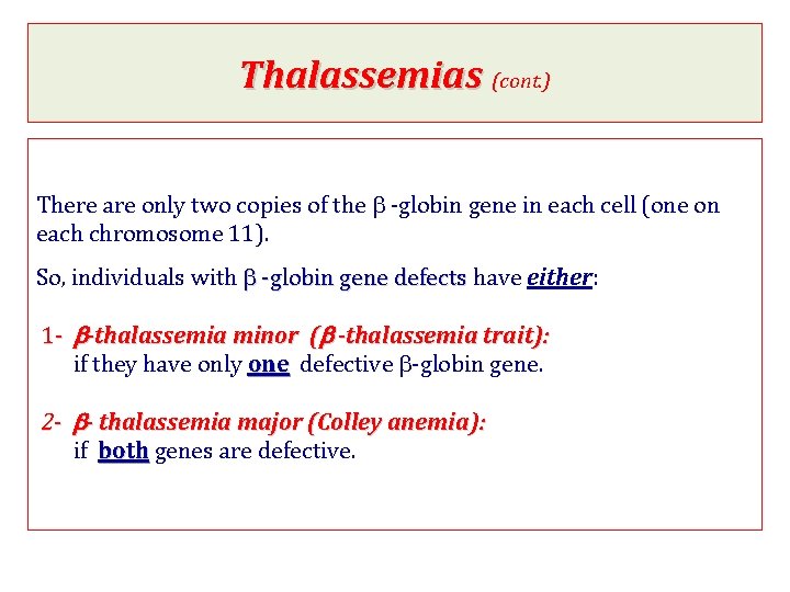 Thalassemias (cont. ) There are only two copies of the b -globin gene in