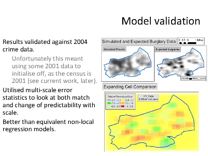 Model validation Results validated against 2004 crime data. Unfortunately this meant using some 2001