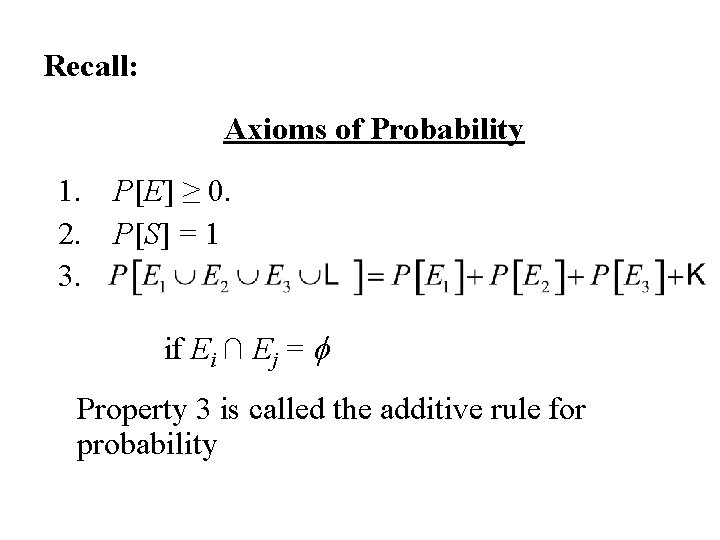 Recall: Axioms of Probability 1. P[E] ≥ 0. 2. P[S] = 1 3. if