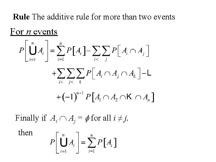 Rule The additive rule for more than two events For n events Finally if