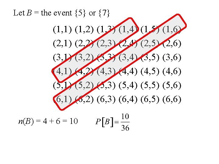 Let B = the event {5} or {7} (1, 1) (2, 1) (3, 1)