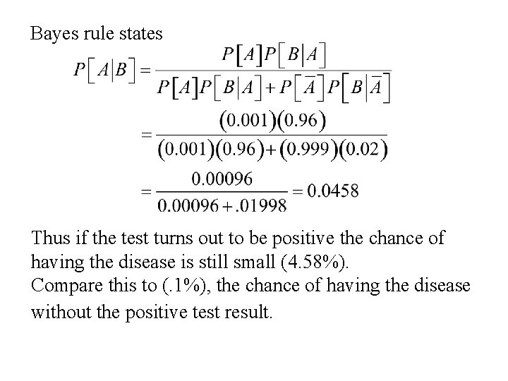 Bayes rule states Thus if the test turns out to be positive the chance