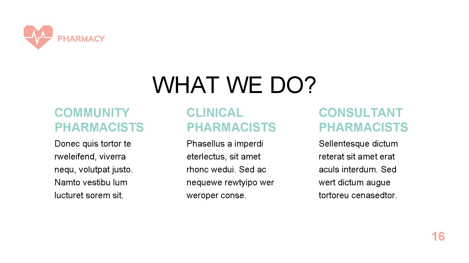 WHAT WE DO? COMMUNITY PHARMACISTS CLINICAL PHARMACISTS CONSULTANT PHARMACISTS Donec quis tortor te rweleifend,