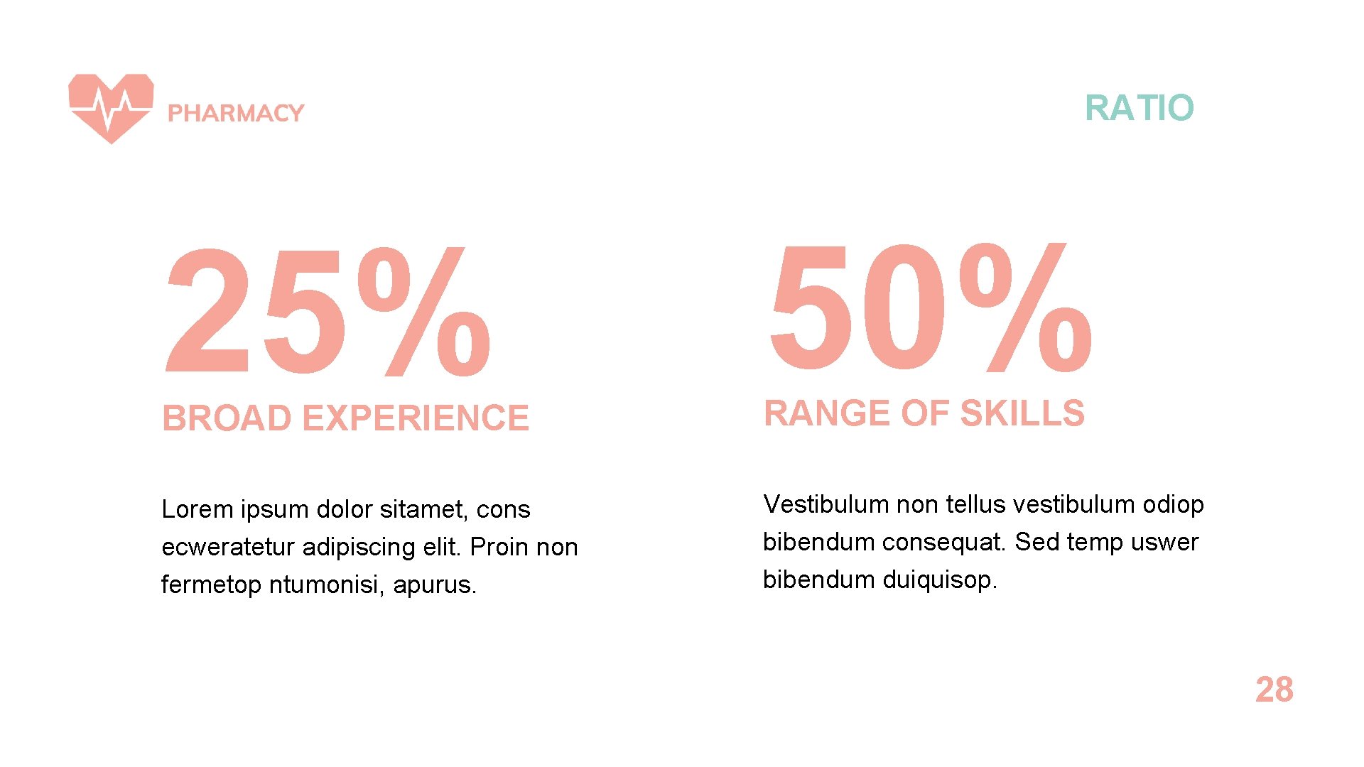 RATIO 25% 50% Lorem ipsum dolor sitamet, cons ecweratetur adipiscing elit. Proin non fermetop