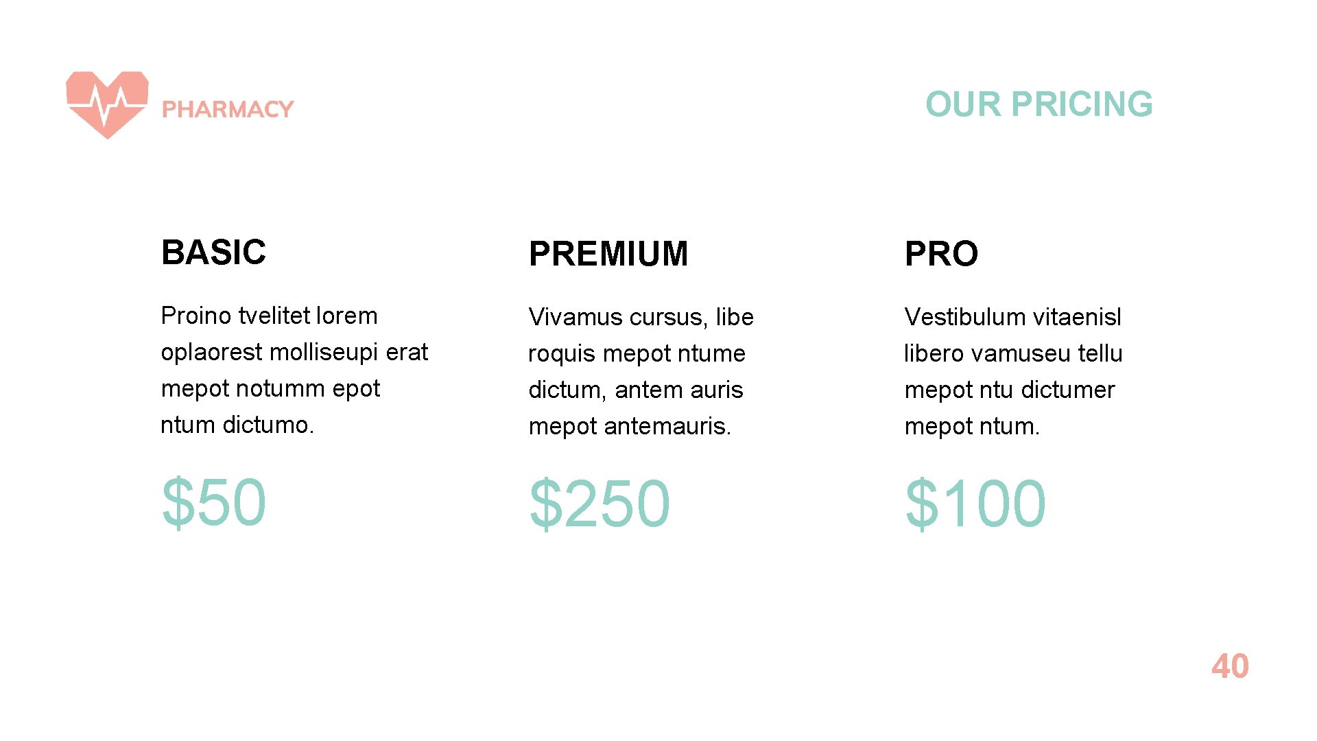 OUR PRICING BASIC PREMIUM PRO Proino tvelitet lorem oplaorest molliseupi erat mepot notumm epot