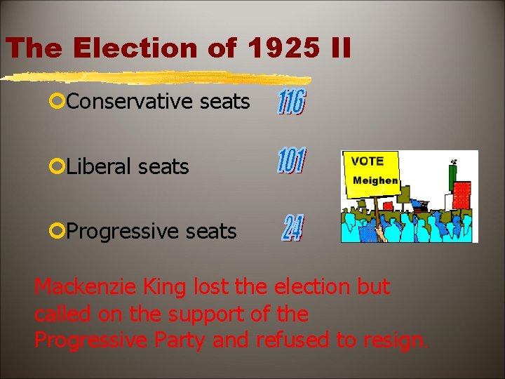 The Election of 1925 II ¢Conservative seats ¢Liberal seats ¢Progressive seats Mackenzie King lost