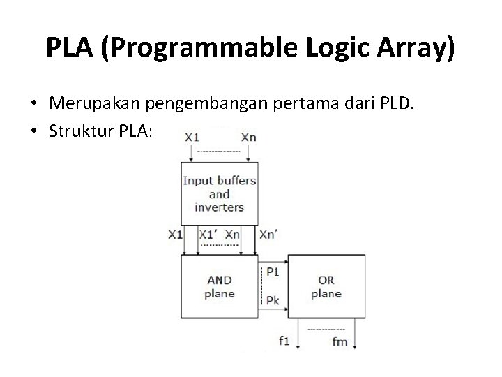 PLA (Programmable Logic Array) • Merupakan pengembangan pertama dari PLD. • Struktur PLA: 