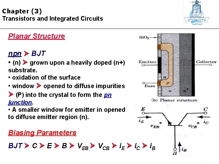 Chapter (3) Transistors and Integrated Circuits Planar Structure npn BJT • (n) grown upon