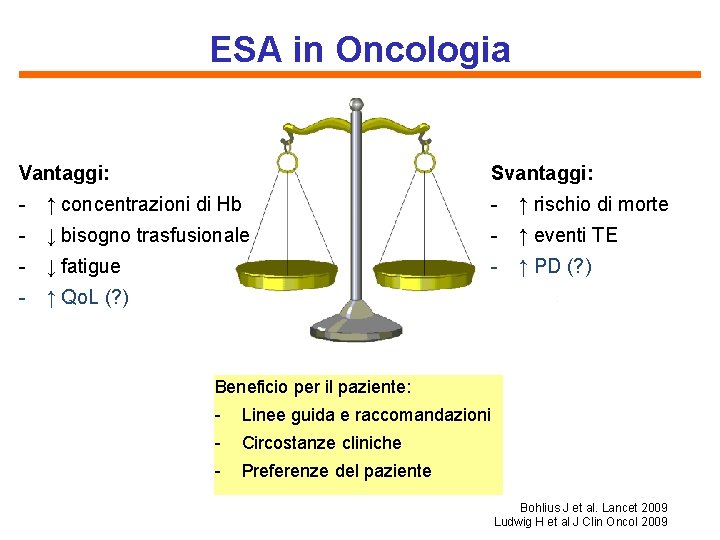 ESA in Oncologia Vantaggi: Svantaggi: - ↑ concentrazioni di Hb - ↑ rischio di