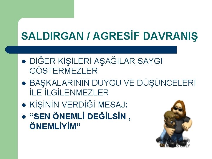 SALDIRGAN / AGRESİF DAVRANIŞ l l DİĞER KİŞİLERİ AŞAĞILAR, SAYGI GÖSTERMEZLER BAŞKALARININ DUYGU VE