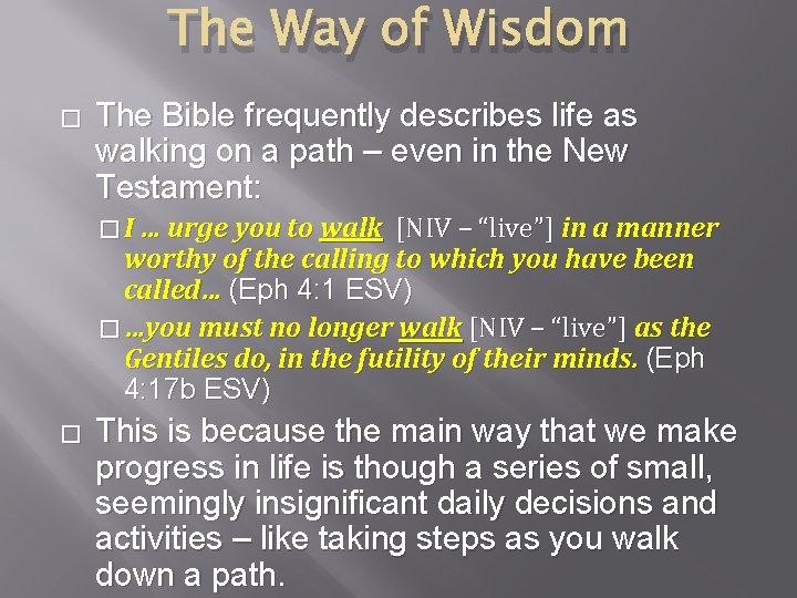 The Way of Wisdom � The Bible frequently describes life as walking on a