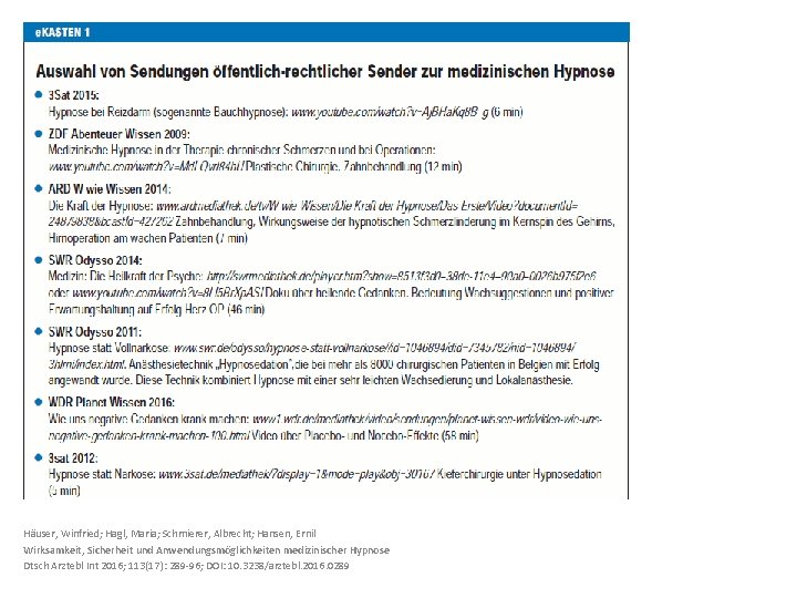 Häuser, Winfried; Hagl, Maria; Schmierer, Albrecht; Hansen, Ernil Wirksamkeit, Sicherheit und Anwendungsmöglichkeiten medizinischer Hypnose