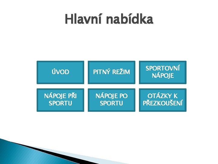 Hlavní nabídka ÚVOD PITNÝ REŽIM SPORTOVNÍ NÁPOJE PŘI SPORTU NÁPOJE PO SPORTU OTÁZKY K