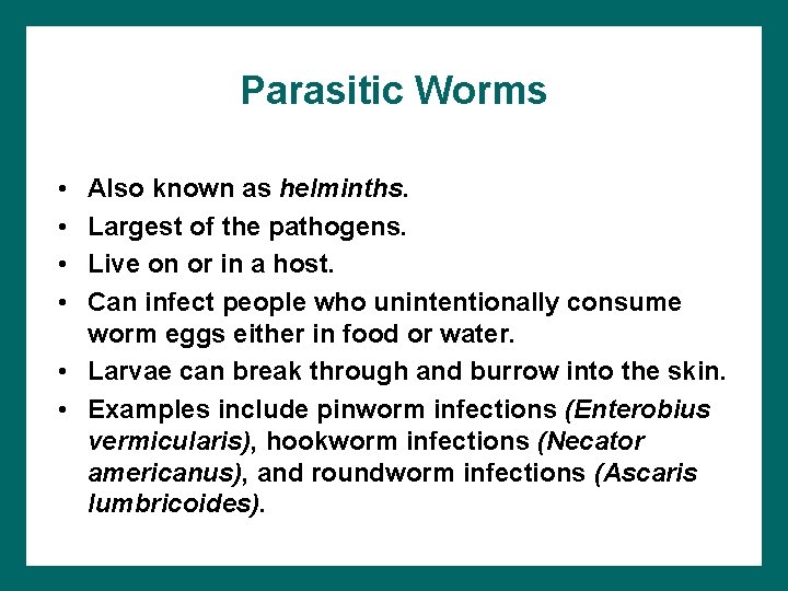 Parasitic Worms • • Also known as helminths. Largest of the pathogens. Live on