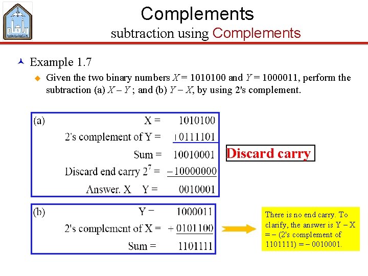 Complements subtraction using Complements © Example 1. 7 u Given the two binary numbers