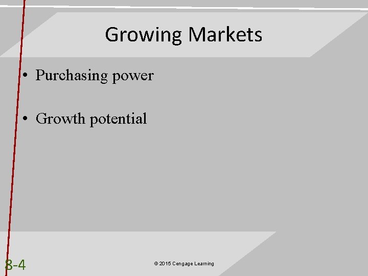 Growing Markets • Purchasing power • Growth potential 8 -4 © 2015 Cengage Learning