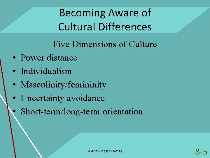 Becoming Aware of Cultural Differences • • • Five Dimensions of Culture Power distance