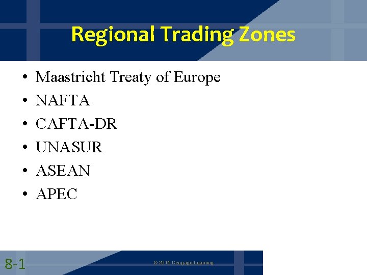 Regional Trading Zones • • • 8 -1 Maastricht Treaty of Europe NAFTA CAFTA-DR