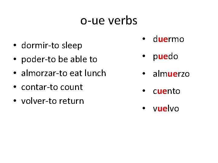o-ue verbs • • • dormir-to sleep poder-to be able to almorzar-to eat lunch