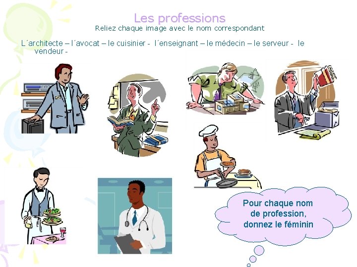 Les professions Reliez chaque image avec le nom correspondant L´architecte – l´avocat – le