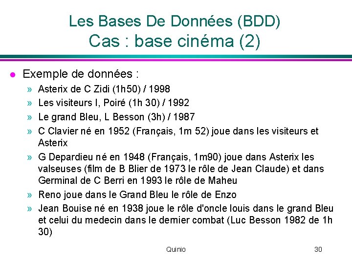 Les Bases De Données (BDD) Cas : base cinéma (2) l Exemple de données