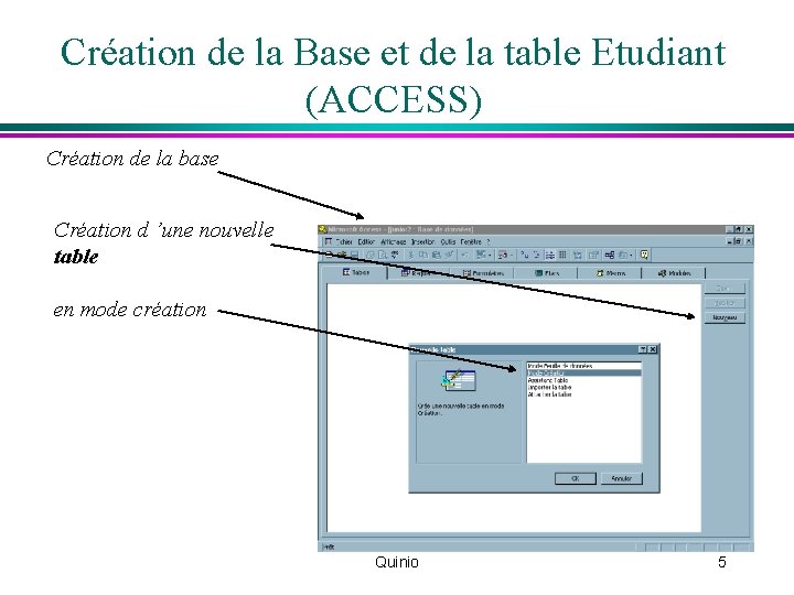 Création de la Base et de la table Etudiant (ACCESS) Création de la base