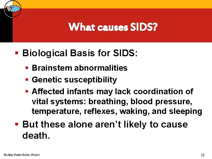 What causes SIDS? § Biological Basis for SIDS: § Brainstem abnormalities § Genetic susceptibility