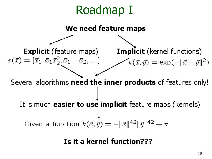 Roadmap I We need feature maps Explicit (feature maps) Implicit (kernel functions) Several algorithms